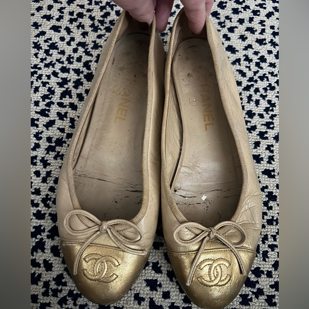 Chanel Beige/Gold Ballet Flats (resoled bottoms)